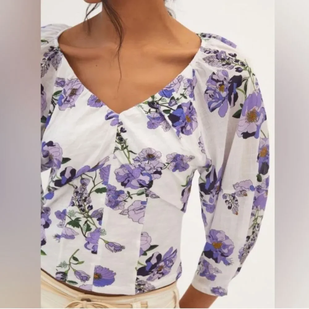 Anthropologie Purple White Floral Ruched Balloon Sleeve Top Cotton Knit Boho M